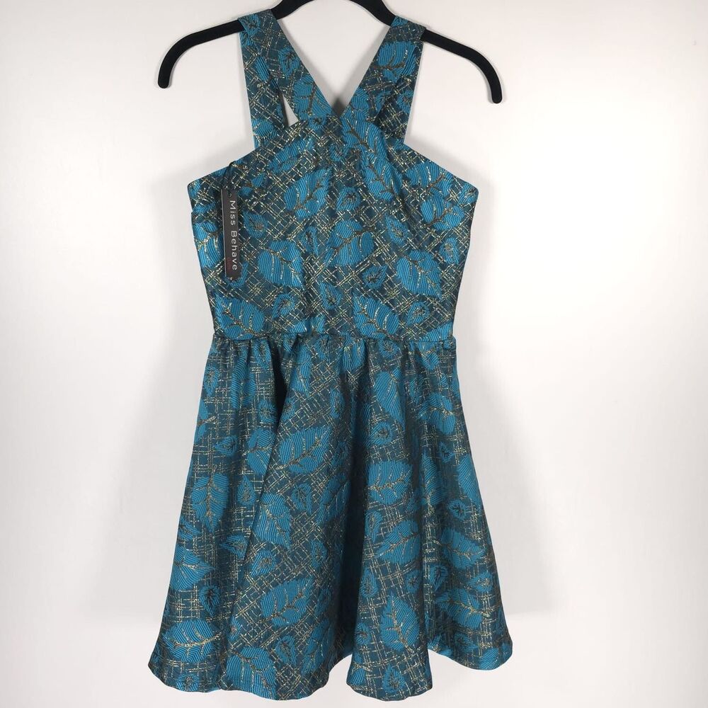 MISS BEHAVE GIRLS New Dress 12 Metallic Turquoise Fit Flare Pleated Stephanie - Picture 9 of 14